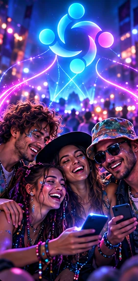Amigos reencontrándose en un festival bajo el logo de FindMe